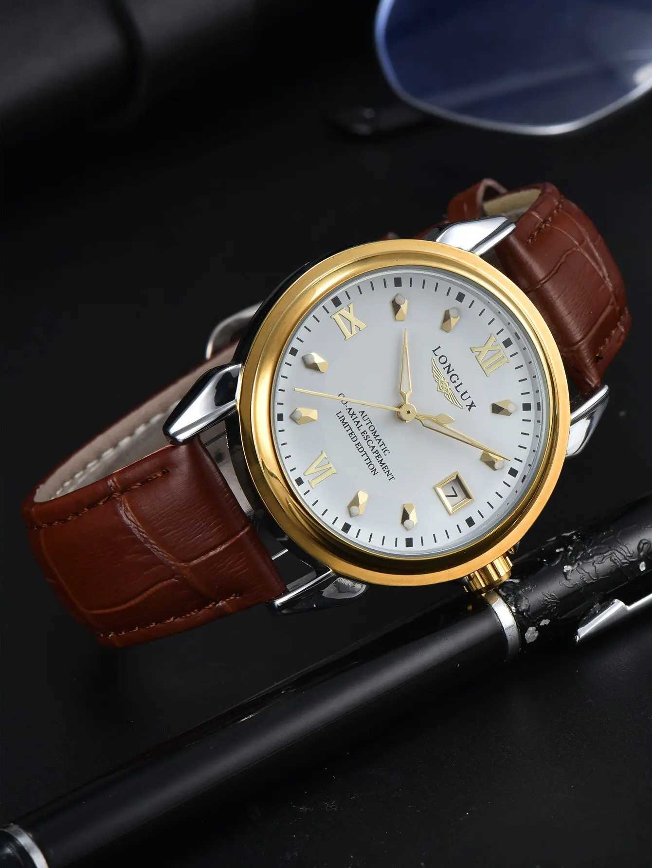 Men automatic watch date simple mechanical watches waterproof leather mens watch boyfriend giftW251104