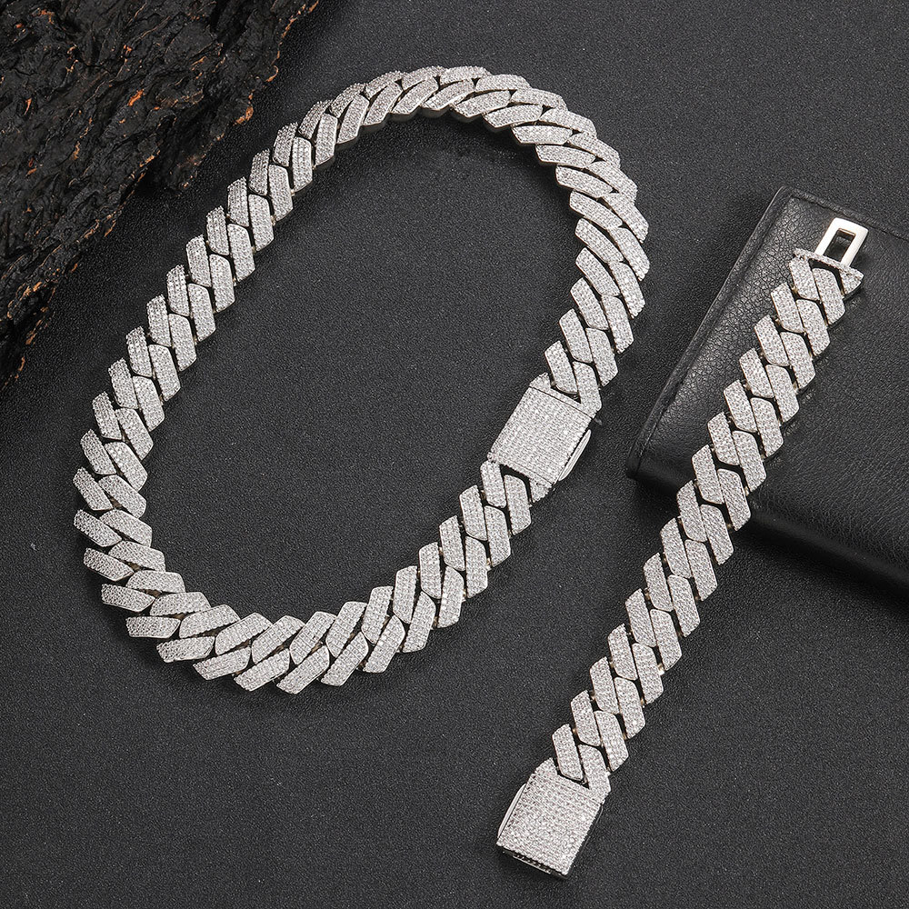 Trendy men's bracelet 20mm flip buckle with three rows of zircon dia Cuban chain thick hip-hop necklace