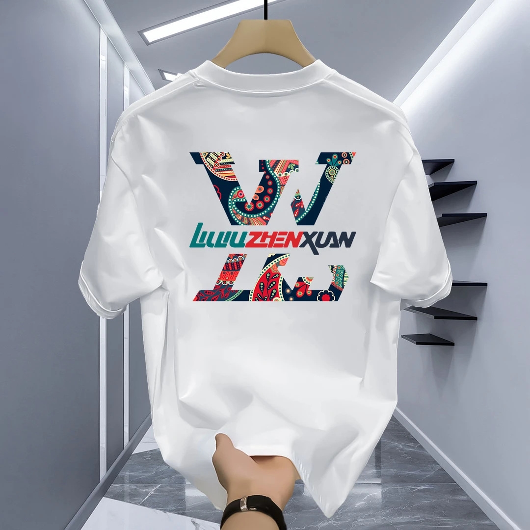 Summer new men's printed T-shirt Casual fashion short sleeve pure cotton trend round neck T-shirt men plus size black white