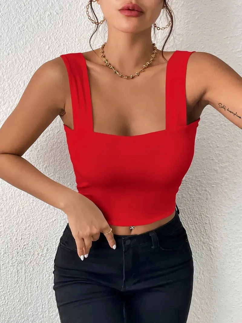 2024 square neck sleeveless summer crop top white womens black casual basic Tshirt shoulder cami sexy backless vest 250403e