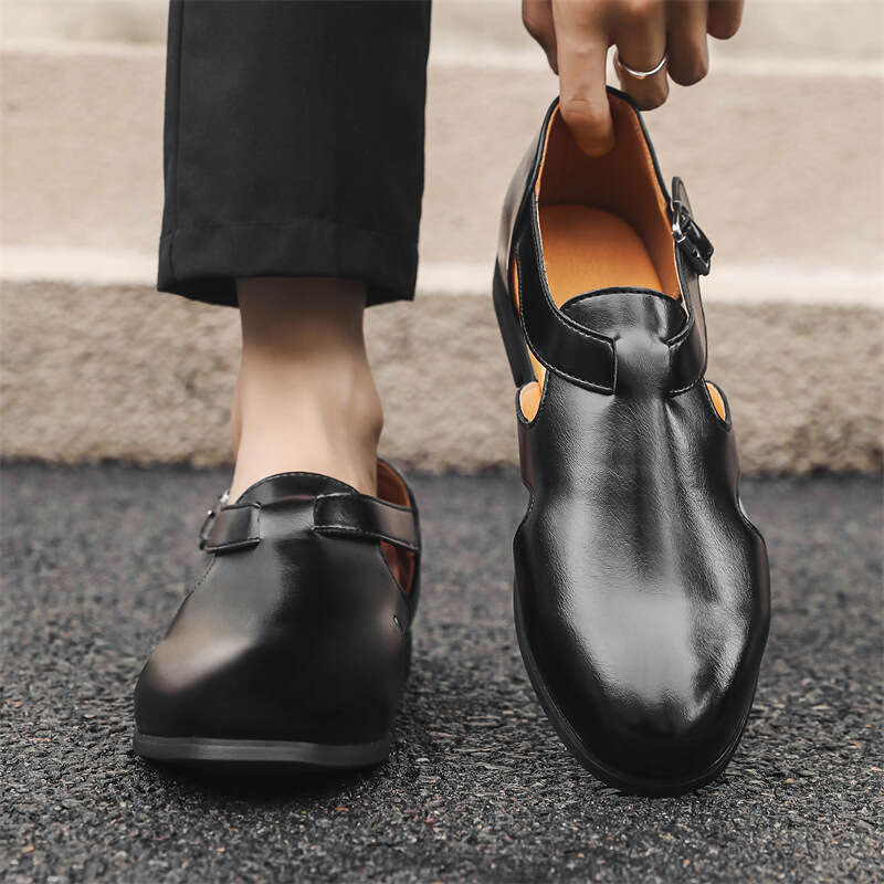 Large 2024 Summer New Style Men's Breathable Hollow Roman Buckle Leather Sandals Men 38-46