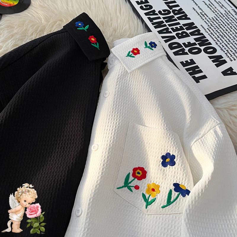 Men's Casual Shirts White Black Colorful Embroidered Flower Pattern Lapel M-5XL Plus Size Short Sleeve Shirt For Men Women
