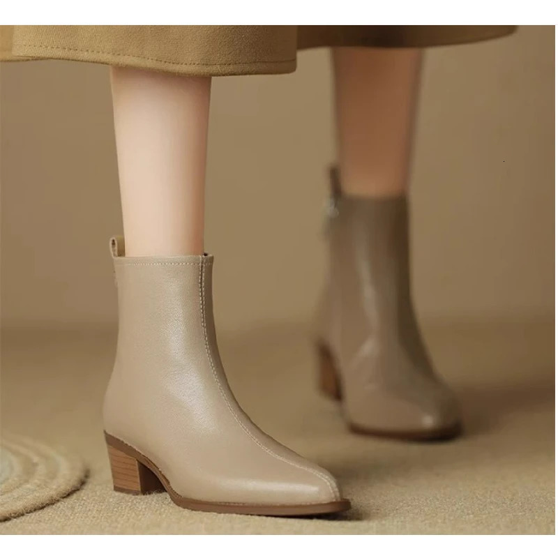 Womens Ankle Boots Minimalist Pointed Toe Mid Heel Booties with Soft Leather Side Zipper Slimming Fashion Boots 251030