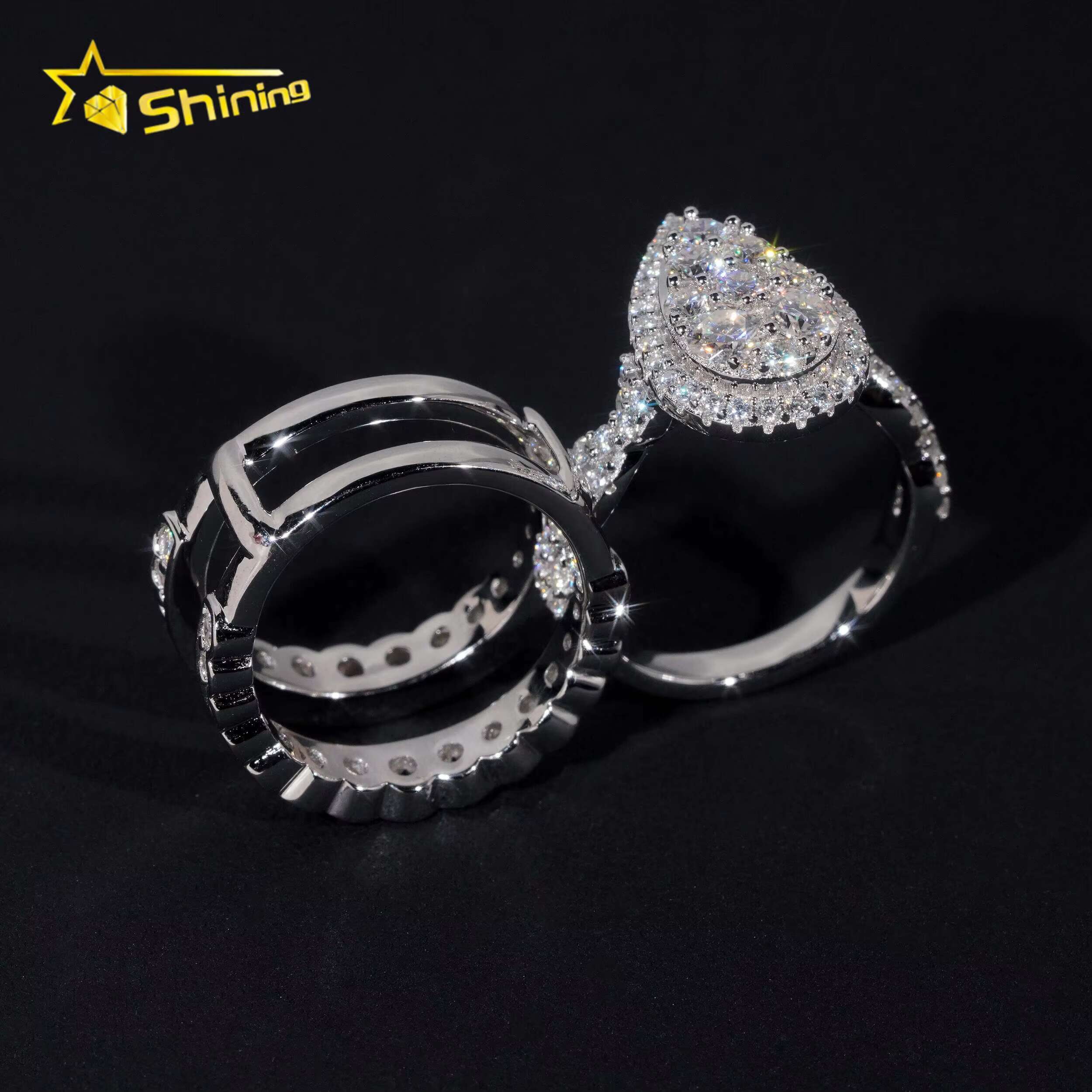 Trendy 925 Silver Rhodium Plated Custom Full VVS Moissanite Diamond Wedding Engagement Rings Set for Women