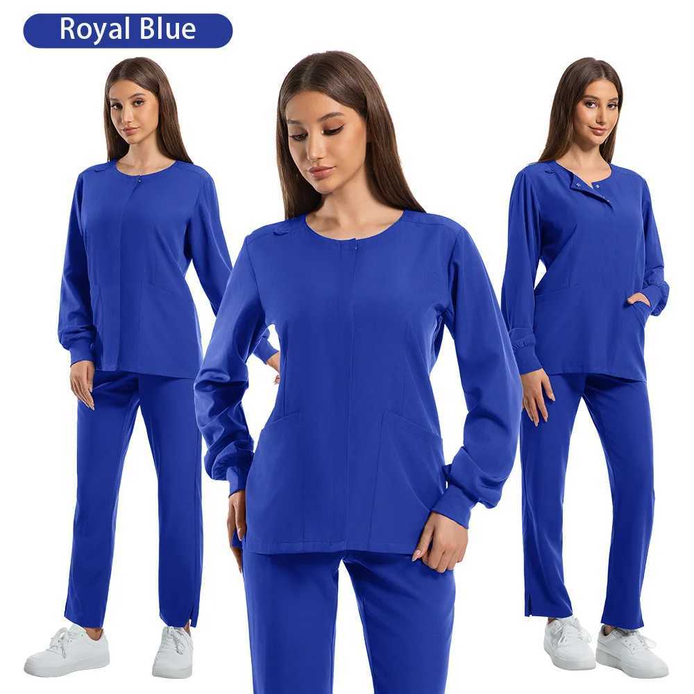 Nurse Uniforms Round Neck Top Scrub Jacket Straight Pants Sets Surgical Workwear Hospital Long Sleeve Snap Front Medical Outfit J251103