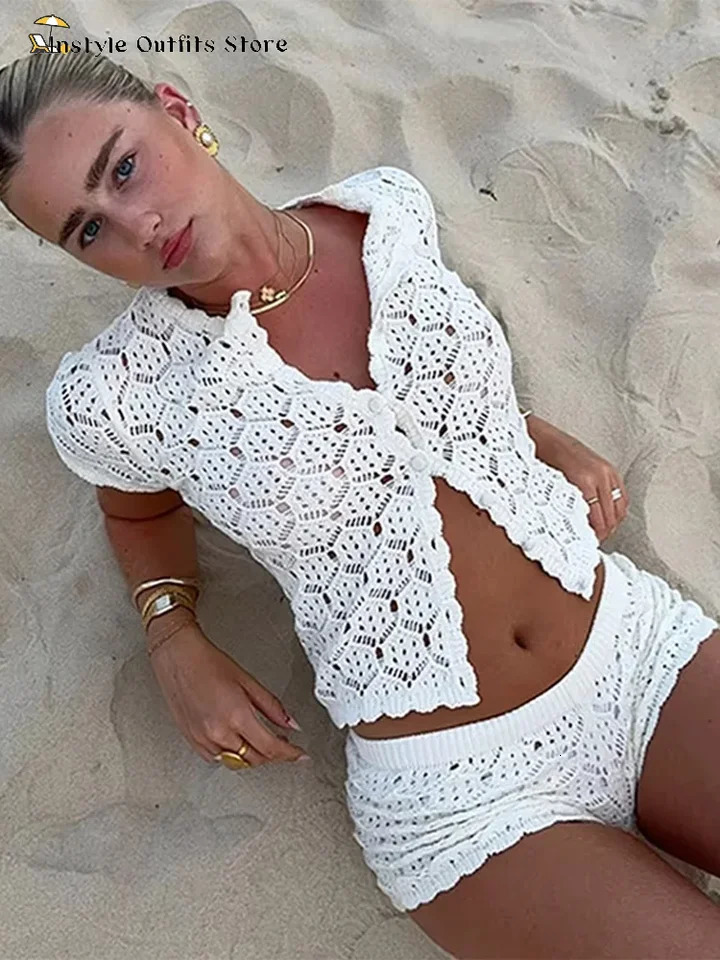 Knitted hollow short sleeved set for women button up O-neck short sleeved cardigan woolen sweater knee pants set holiday beach set spring and summer 2