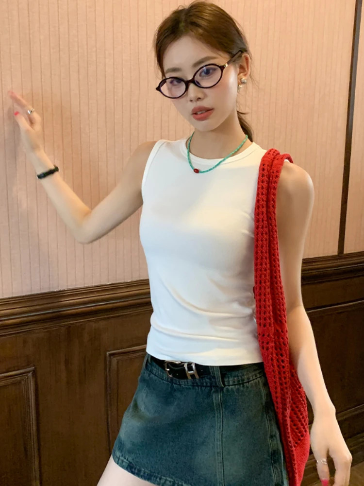 2025 womens vest sexy shoulder Oneck solid knit casual sports basic elastic 250403e