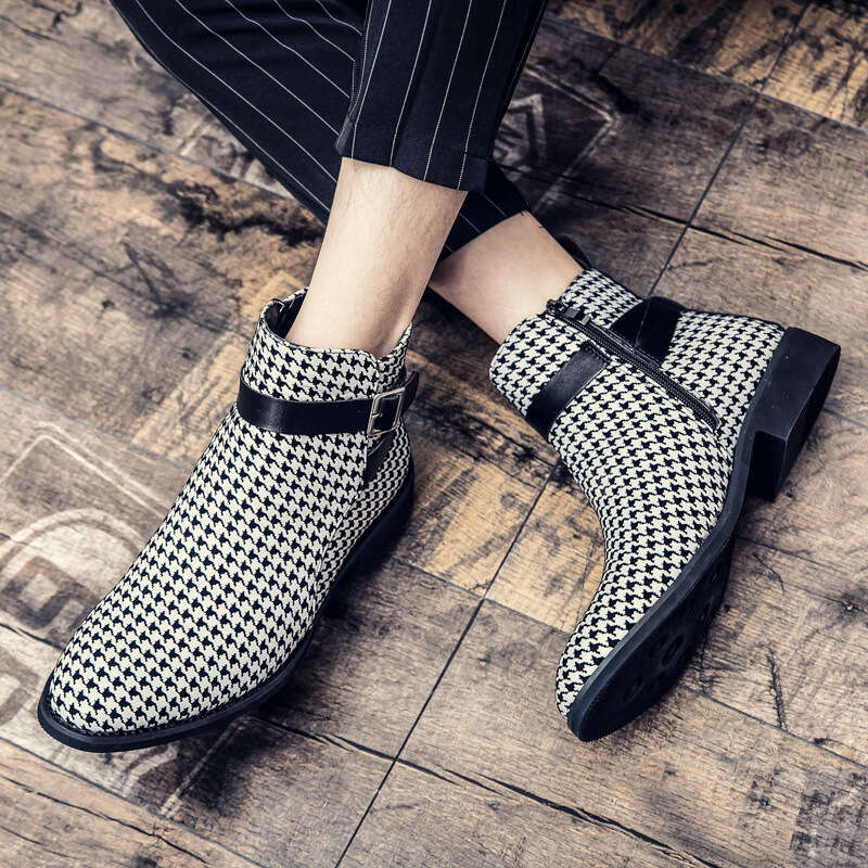 Four Seasons Large Pointed Short High Gang Thousand Grid Bird Buckle Leather Boots Black and White Business Dress Men's Martins
