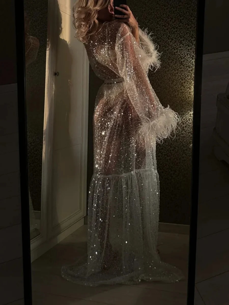 Womens sequined evening gown with feather splicing long sleeved chiffon kimono robe pajamas plush cuffs bikini top 250403