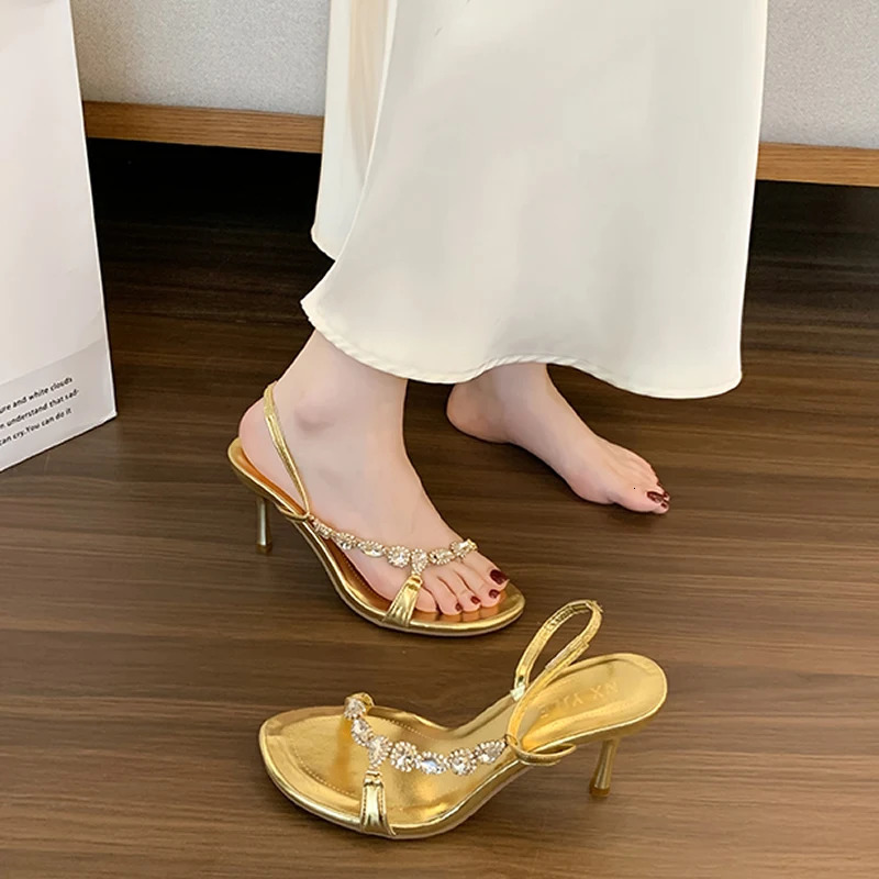 Sleek Strap High Heels Womens Spring Open Toe Rhinestone Sexy Gold Back Strap Stiletto Shoes round Toe Polyurethane Rubber 251030