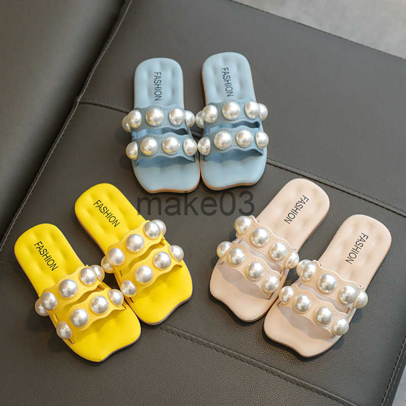 Korean version parent-child slippers girls sandals fashionable and versatile big pearl sweet and soft bottom household and home four season slippers J