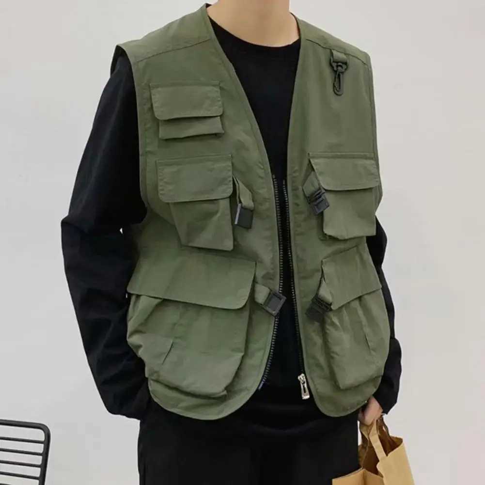 Trendy Summer Thin Hip Hop Cargo Vest Solid Color Vest Coat Sleeveless Thin Outdoor Cargo Waistcoat for Fishing X250403