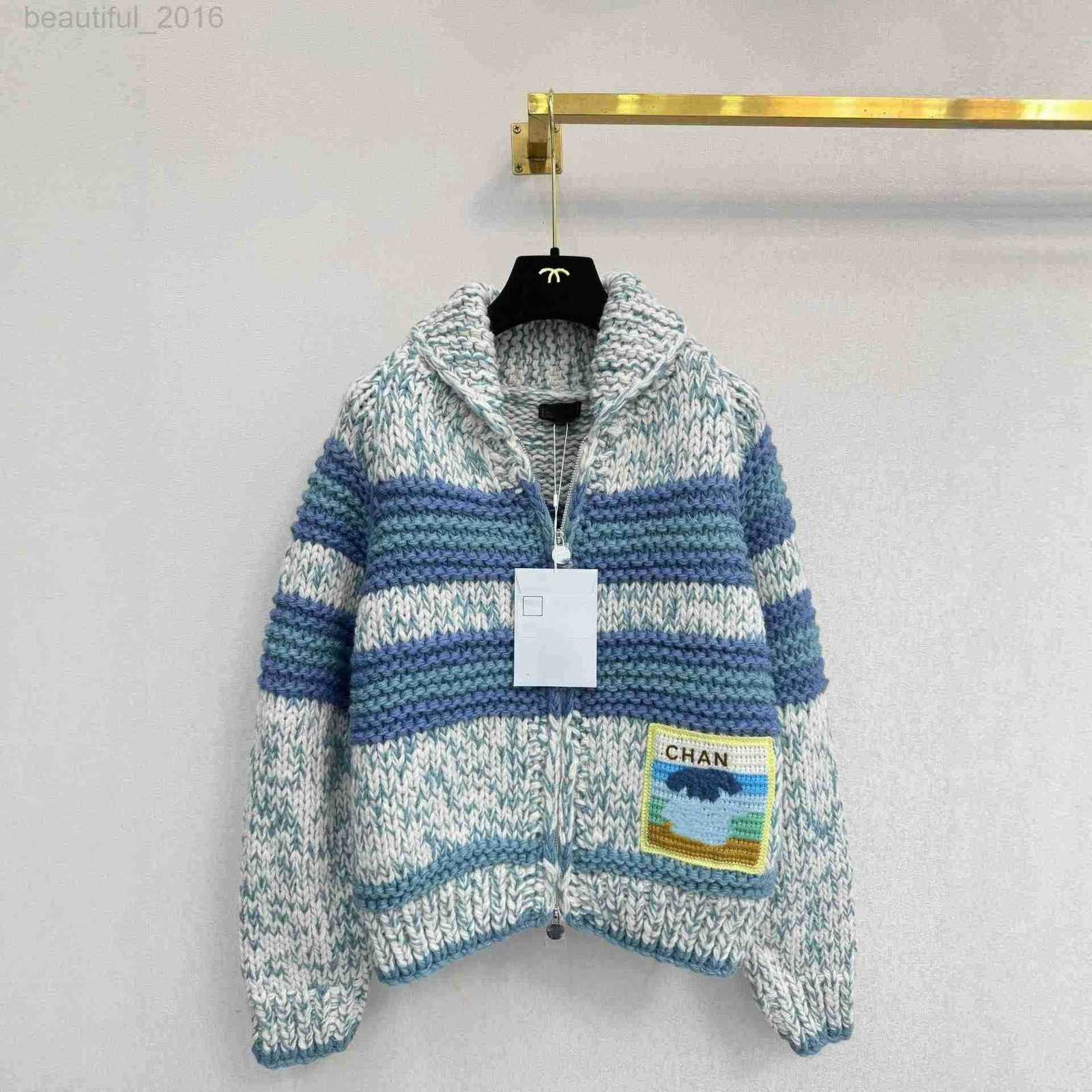 Women's Sweaters Women Sweaters designer CH Version 25 Early Autumn Blue Striped Collar Knitted Long Sleeve Cardigan