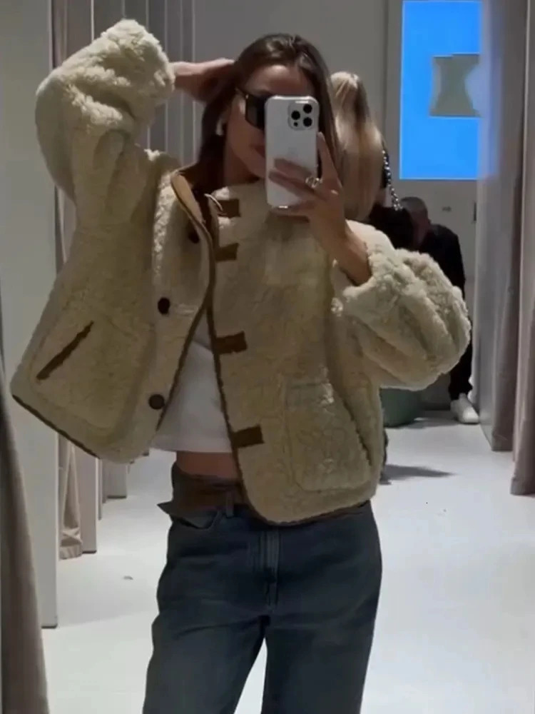 HH Winter Womens Reversible Faux Lamb Wool Jacket Vintage Long Sleeve Double Sided Thick Warm Coats Female Streetwear 251106