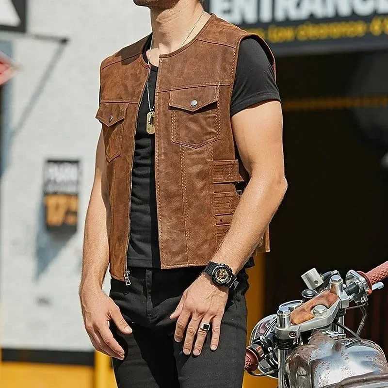 2023 Vintage Brown Motorcycle Vests Men Zipper Pockets Leather Jacket All-match Sleeveless Mens Riding Vest Motor Biker Jackets X250403