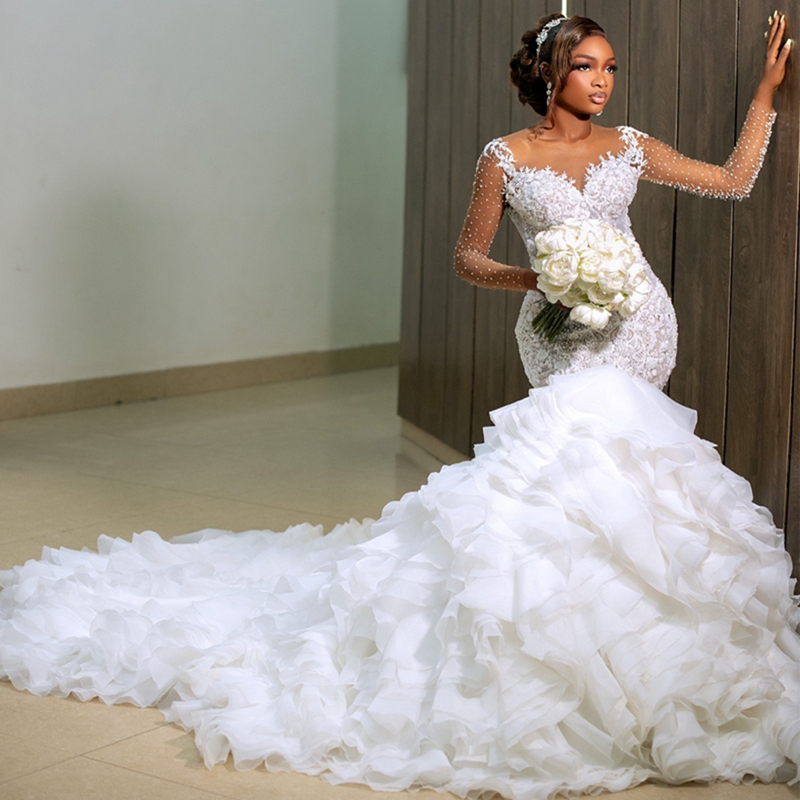 2025 Plus Size Mermaid Wedding Dress For Bride Long Sleeves Tiered Sheer Neck Illusion Long Sleeves Beaded Lace Tiered Tulle Wedding Gowns For Black W