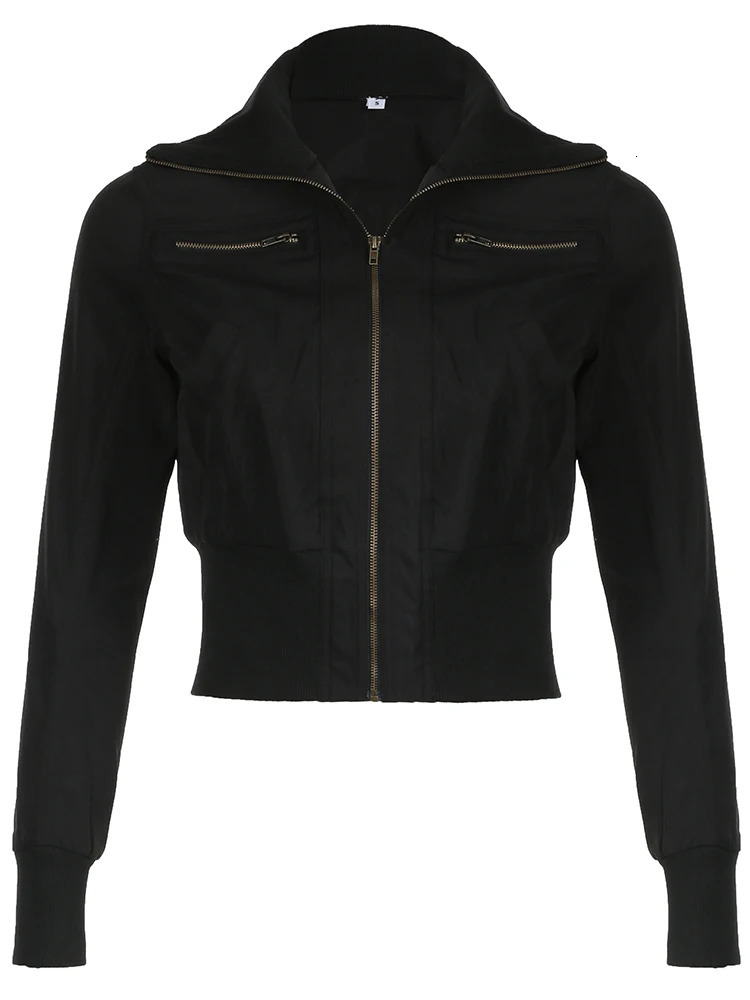 Korean Street Style Black Zip Up Turtleneck Slim Long Sleeve Bomber Jackets For Women 2024 Autumn Fashion Gothic Outwears250324