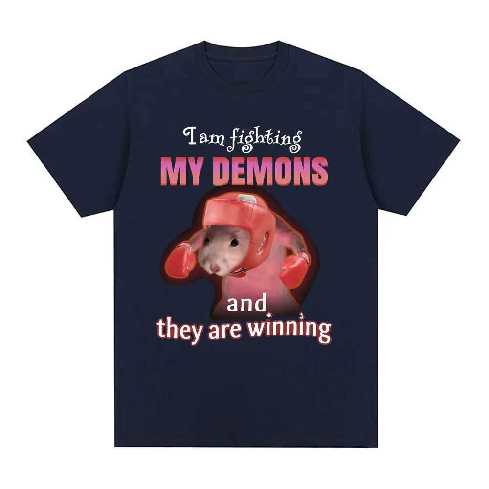 Funny I Am Fighting My Demons and The Are Winning Rat Meme T-shirt Men Fashion Creative T Shirts Short Sleeve Oversized T-shirts X250403
