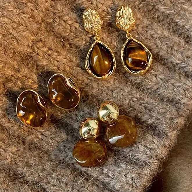 New Brown Resin Tiger Eye Stone Dangle Earrings for Women Fashion Silver Needle Earring Personality Melard Color Jewelry Gifts C251103