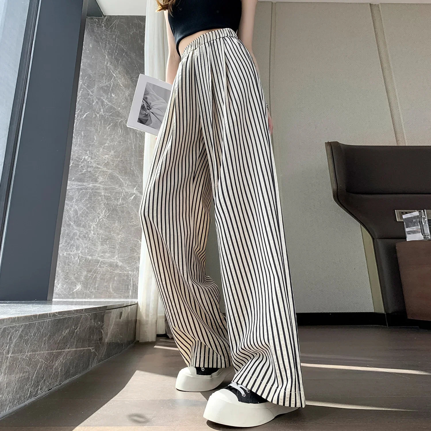 Classic Cotton and Linen Striped Womens Casual Pants Wide Leg High Waist Solid Pockets Minimalism Loose Trousers Female 250403