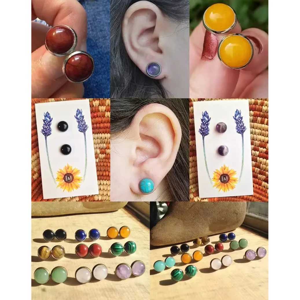 Natural Stone Stud Earrings For Women Handmade Bohemian Stainless Steel Earrings Wedding Jewelry Gift Moonstone Tigereye Binoux C251103