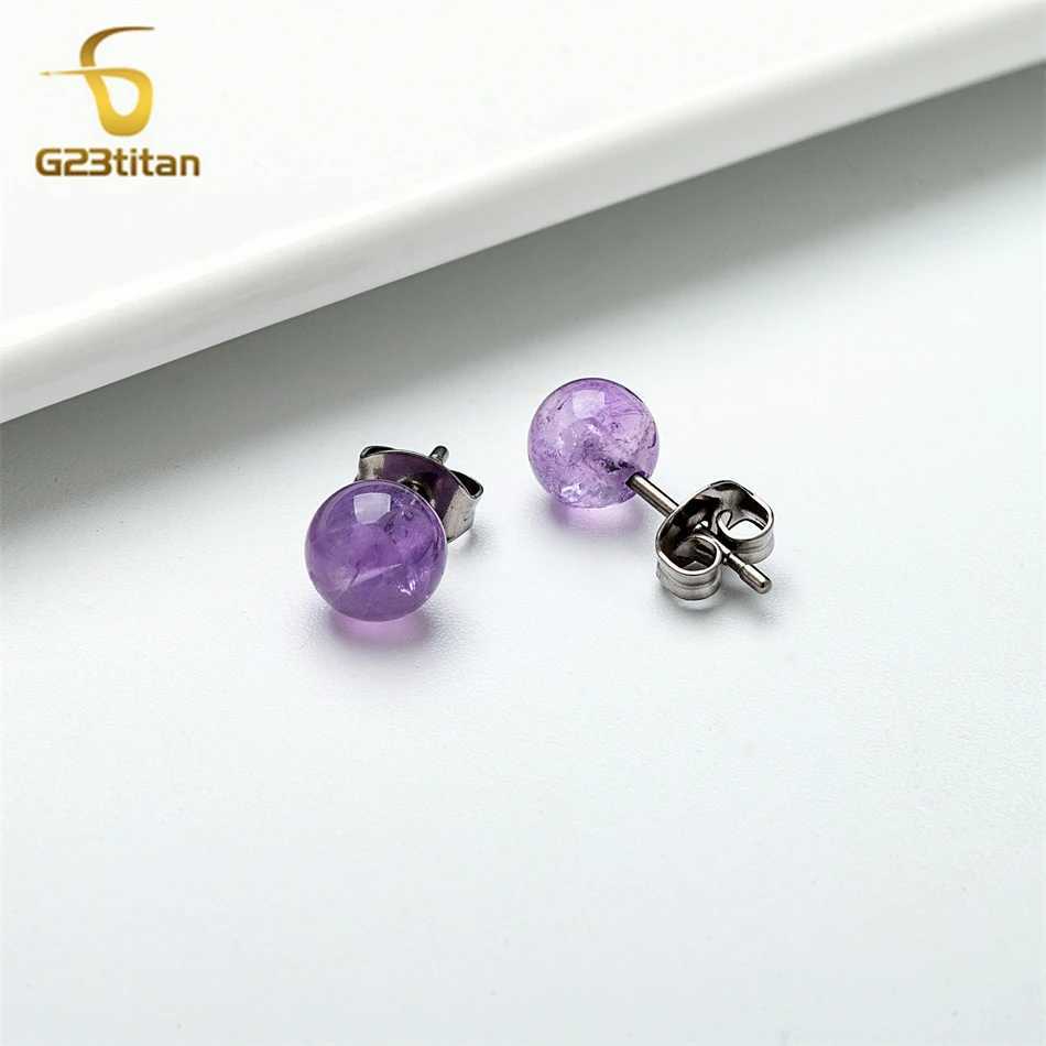 Semi Precious Stone Earrings Natural Purple Amethyst Ball Medical Titanium Earrings Women Ear Piercing Stud Fashion Jewelry Gift C251103
