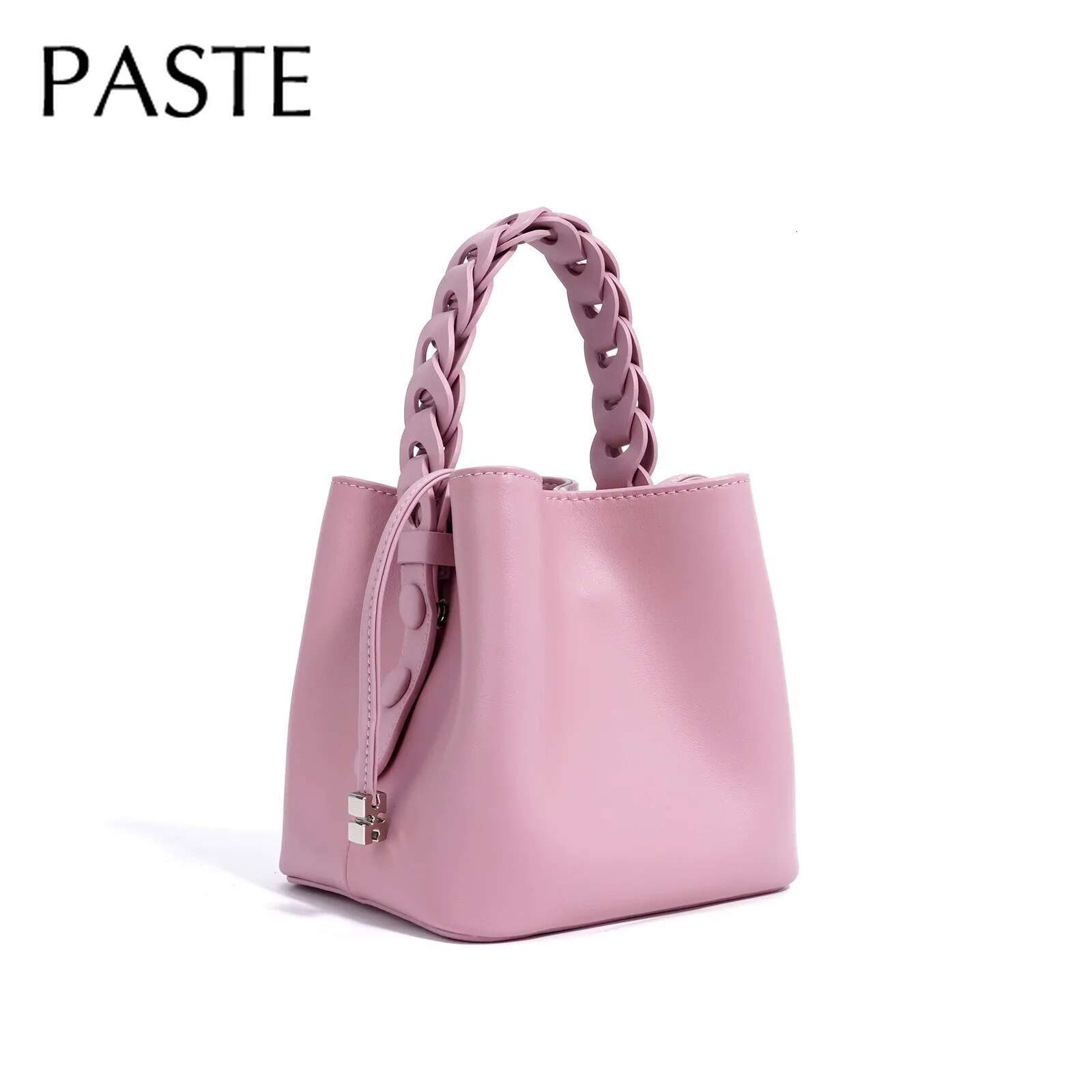 Handmade Woven Handle Small Bucket Tote Olive Green Pink Color Glossy Split Cow Leather Women Shoulder Bag String Close Purse
