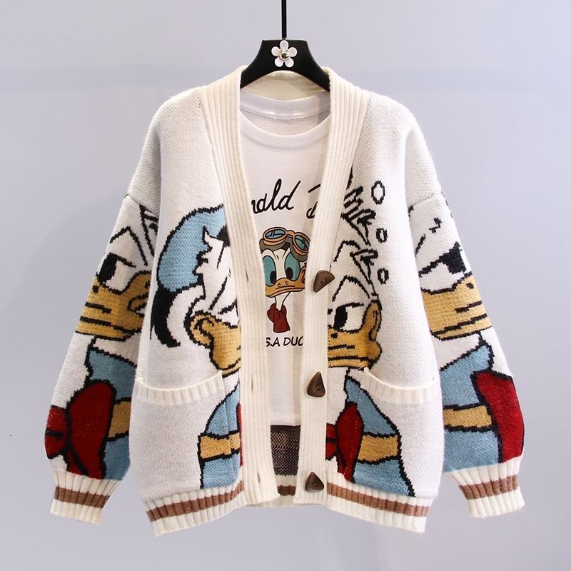 Cartoon jacquard sweater jacket for women 2023 autumn and winter new collection lazy style loose fit versatile knit cardigan for external wear