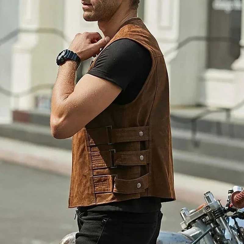 2023 Vintage Brown Motorcycle Vests Men Zipper Pockets Leather Jacket All-match Sleeveless Mens Riding Vest Motor Biker Jackets X250403