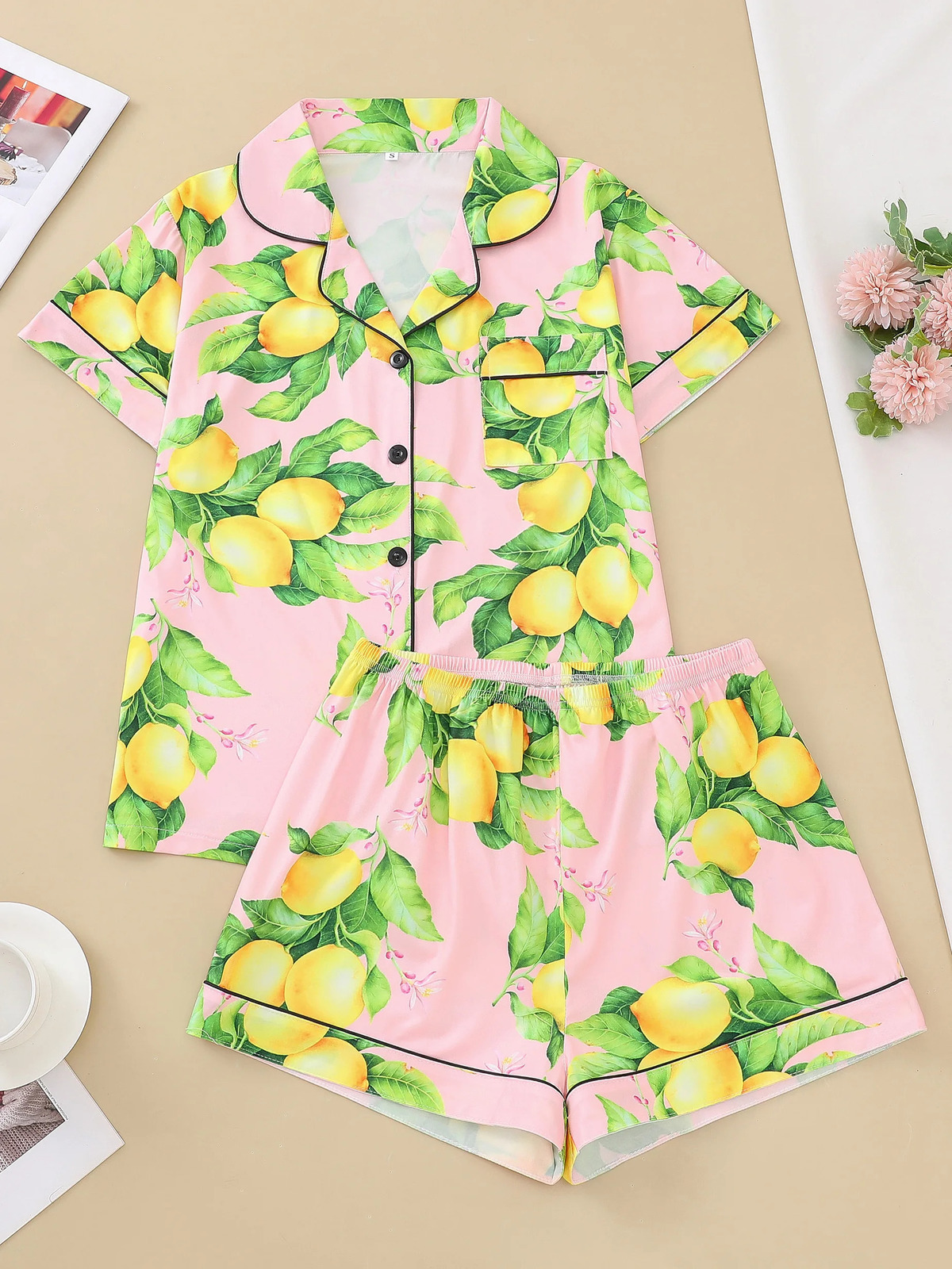 Foundation make-up lemon cardigan womens pajamas set short sleeve top and loose shorts comfortable womens pajamas 250403