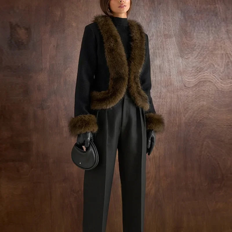 Fashion Splicing Irregular Faux Fur Coat Lady Chic Long Sleeve Vneck Warm Slim Fit Jacket Female Winter Party Daily Street Wear 251103