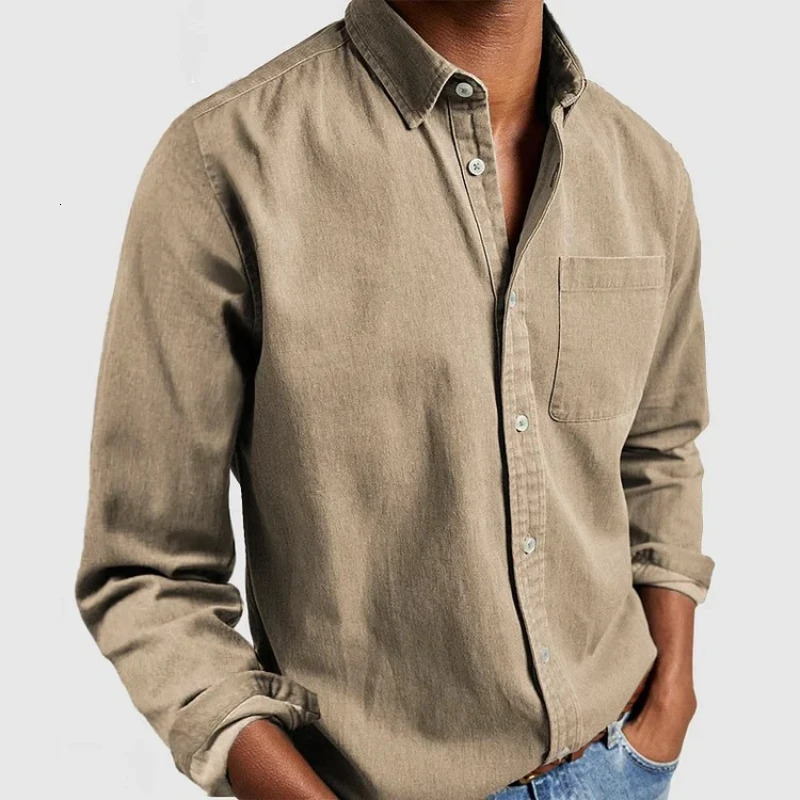 2024 mens khaki lapel long sleeved spring and autumn solid color shirt 250403e