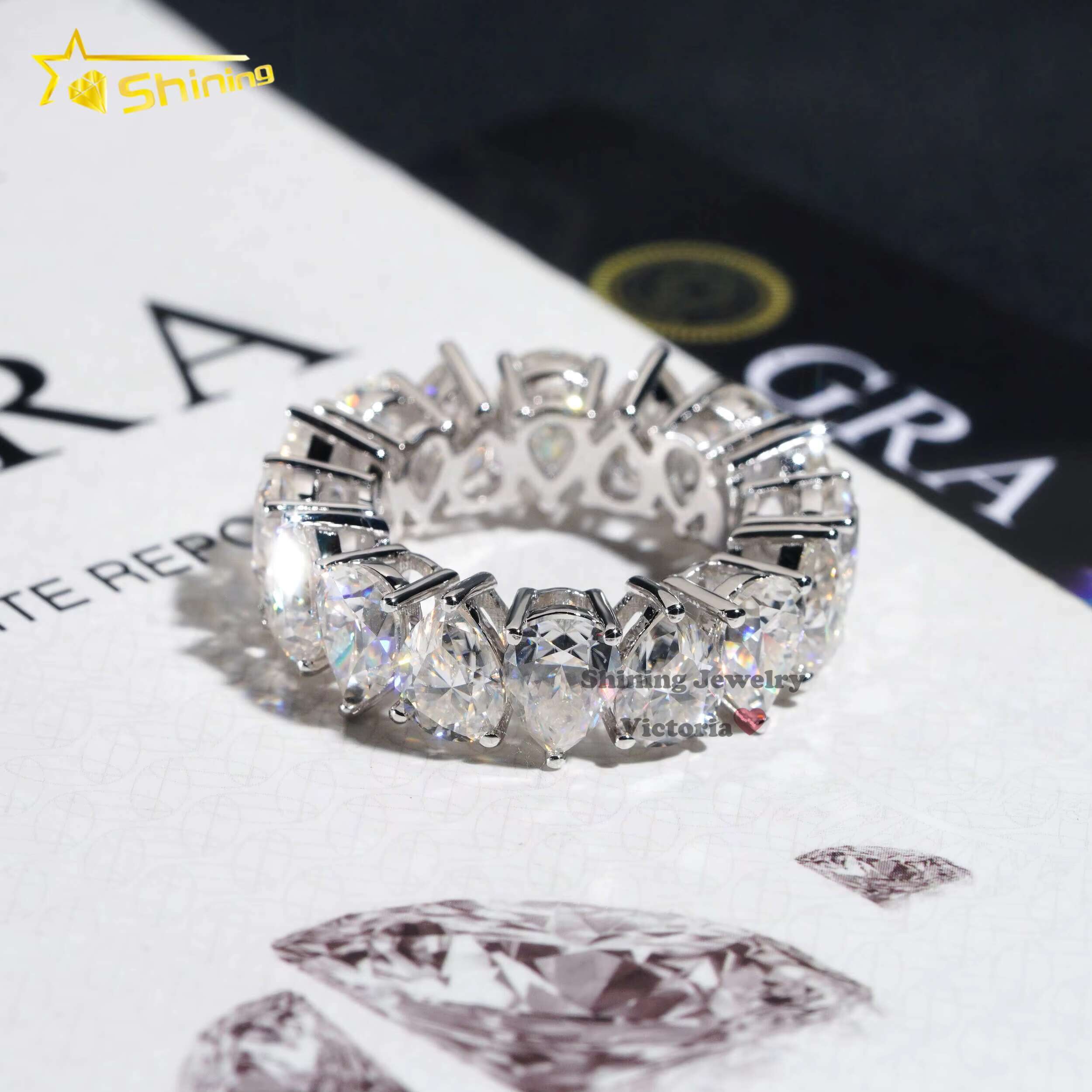 Shining Jewelry Lab Grown Diamond 925 Sterling Silver Gra Pass Diamond Tester Pear Cut Vvs Diamond Moissanite Wedding Band Ring