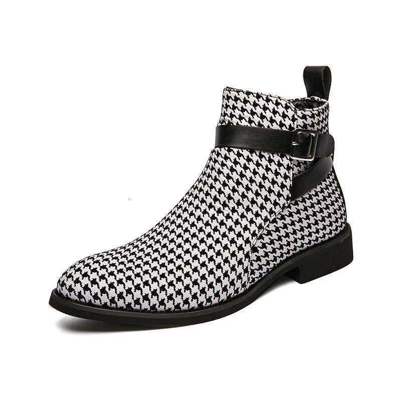 Four Seasons Large Pointed Short High Gang Thousand Grid Bird Buckle Leather Boots Black and White Business Dress Men's Martins