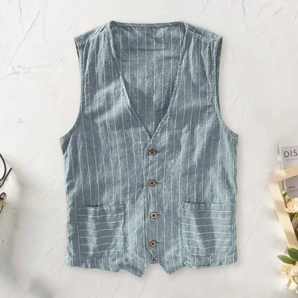 Male Clothing Leisure Suits M-3Xl Summer Linen Vest Thin Vest Men Casual Sleeveless Jacket Stripe Waistcoat X250403
