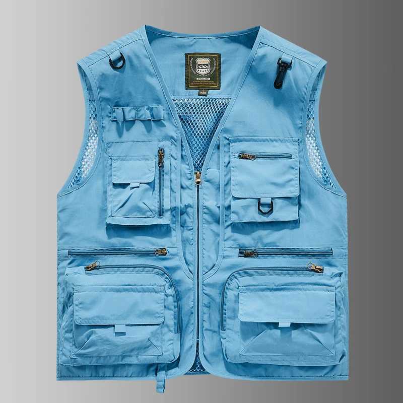 2025 New Mens Leisure Vest Solid Color Tooling Style Waistcoat Thin Fishing Hiking Multi-Pocket Casual Loose Vest for Men X250403