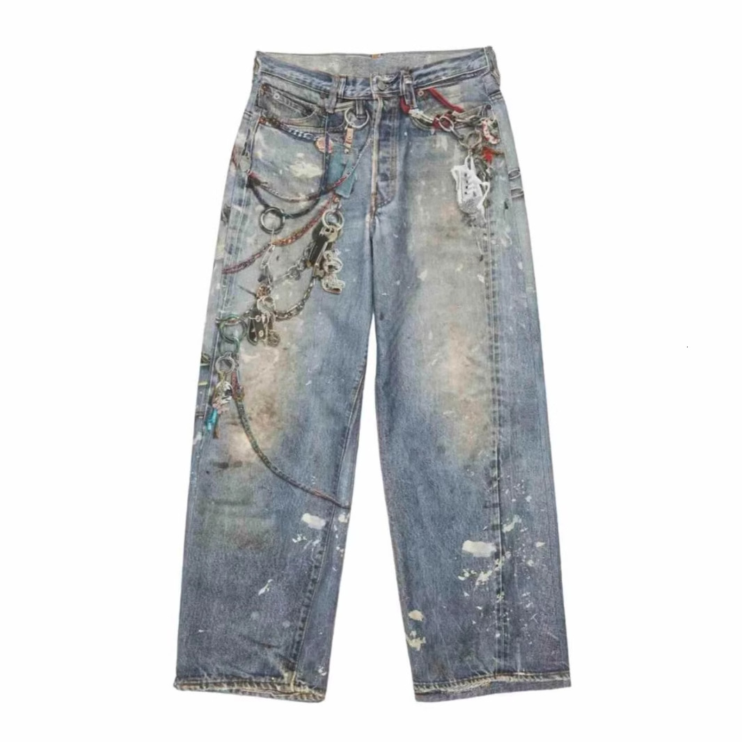 American washed vintage printed jeans men's spring and autumn straight leg loose high street Vibe style long pants