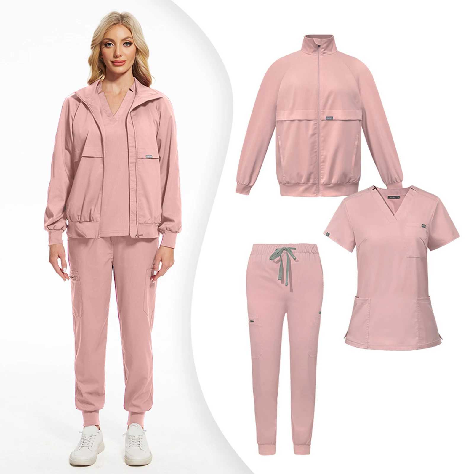 Female Loose Comfy Vneck Short Sleeved Top and Trousers and Coat Three Piece Workwear Solid Fall Winter Nurse Caring Clothes J251103