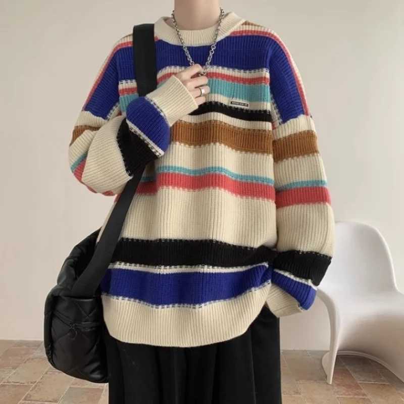 Mens autumn and winter knitted sweater jacket new style for teenagers couples sweater for boys lazy and loose stripedT251103