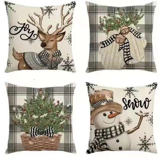 New Christmas Throw Pillow Cushion Home Decor Short Plush Linen Printed Pillowcase A set of four pieces