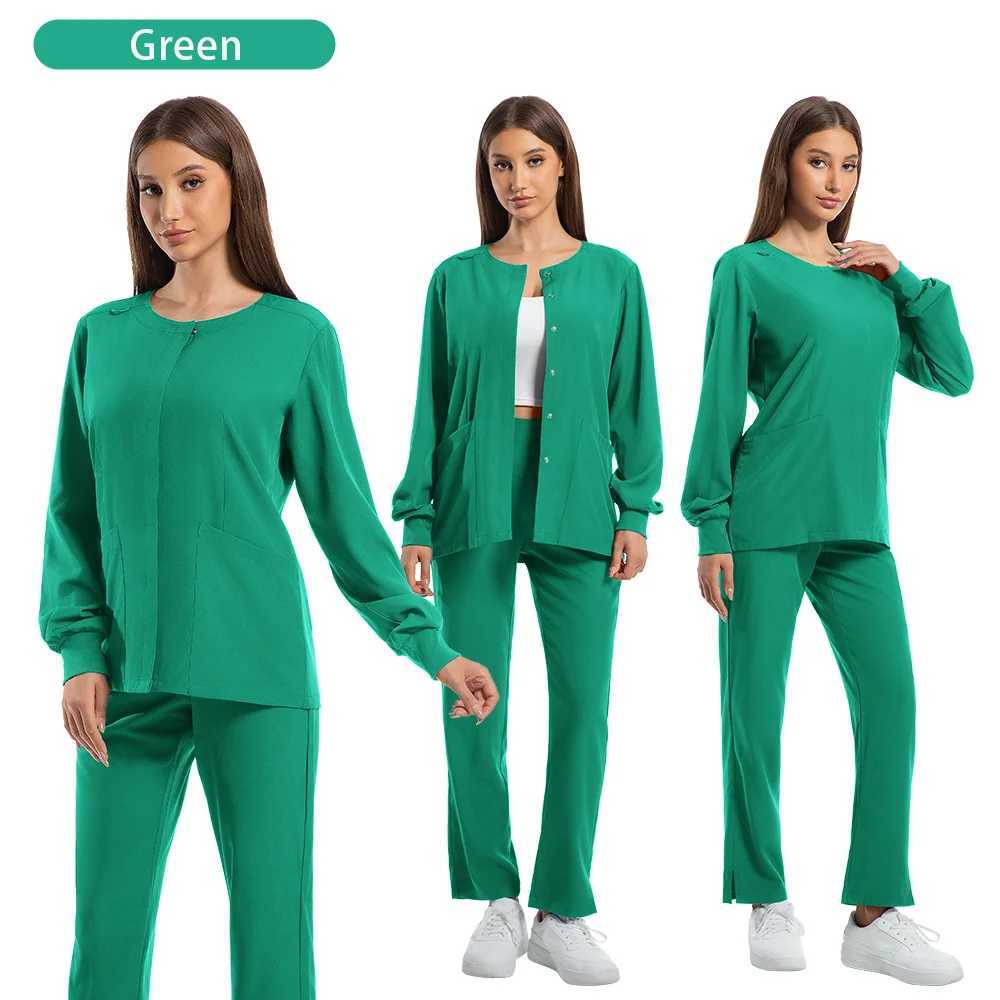 Nurse Uniforms Round Neck Top Scrub Jacket Straight Pants Sets Surgical Workwear Hospital Long Sleeve Snap Front Medical Outfit J251103