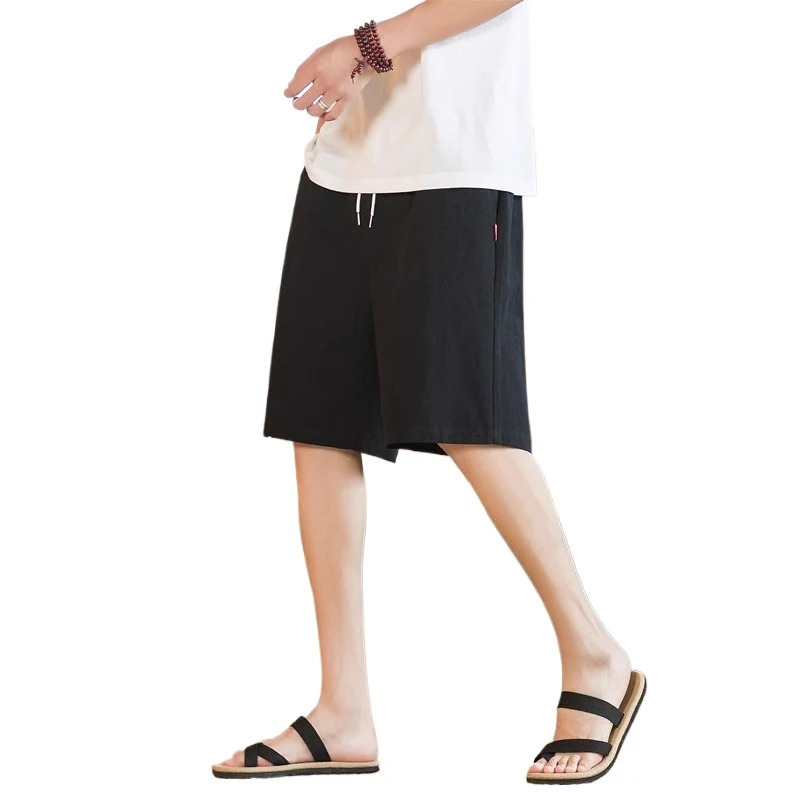Summer mens cotton casual slim fit drawstring elastic waist shorts breathable solid color lightweight sports pants 250403e