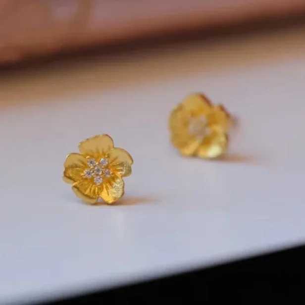 Real 925 Sterling Silver Mini Zircon 18K Gold Peach Blossom Stud Earrings for Women Cute Fine Jewelry Light Luxury Accessories C251103