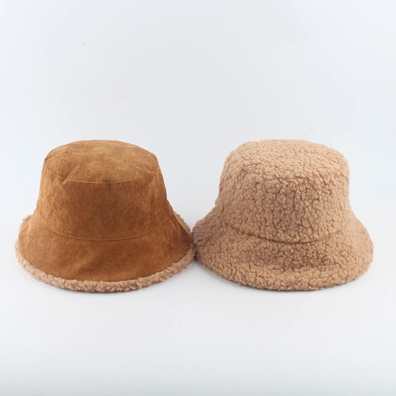 Reversible Faux Fur Bucket Hat Women Winter Lamb Wool Fleece Cap Corduroy Fisherman Hats Sunscreen Panama Caps 251031