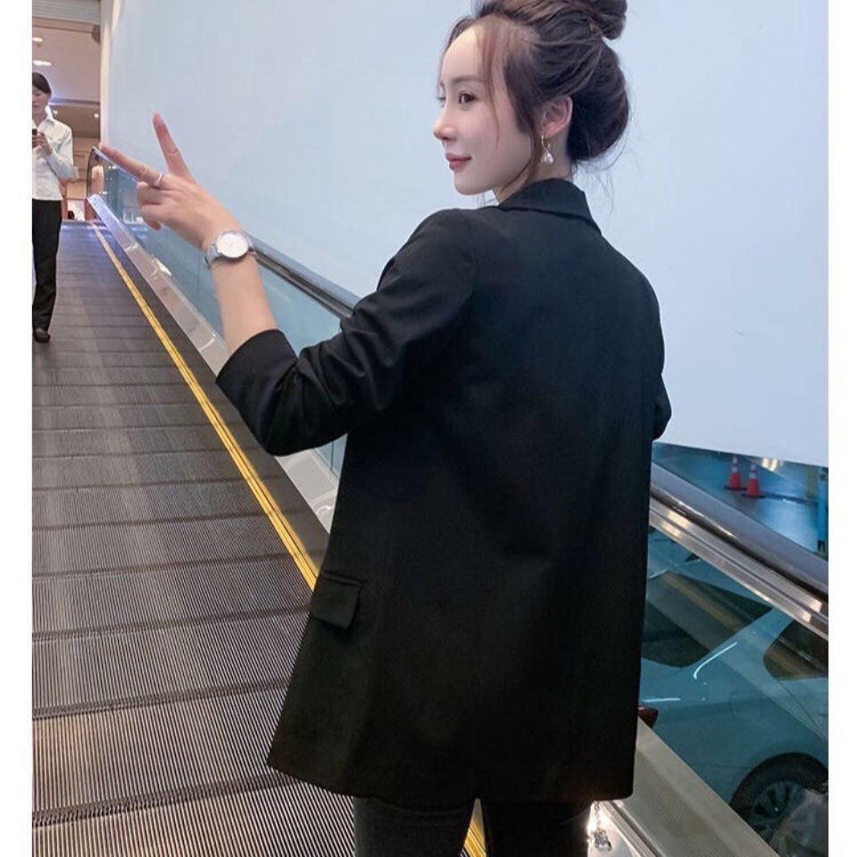 D42Spring/Autumn Casual Wear: Women's Korean Style Medium-Length Black Blazer with Full Sleeve Detail