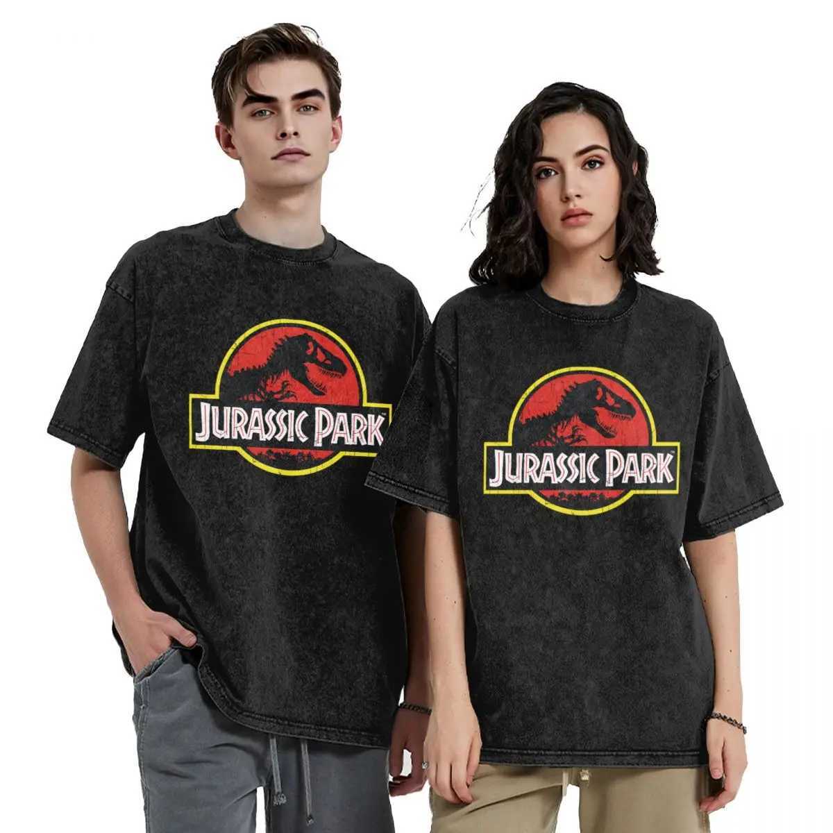 Jurassic Park Washed T Shirt Streetwear Hip Hop Vintage T-Shirt Tees Men Women Cotton Harajuku Graphic X250403