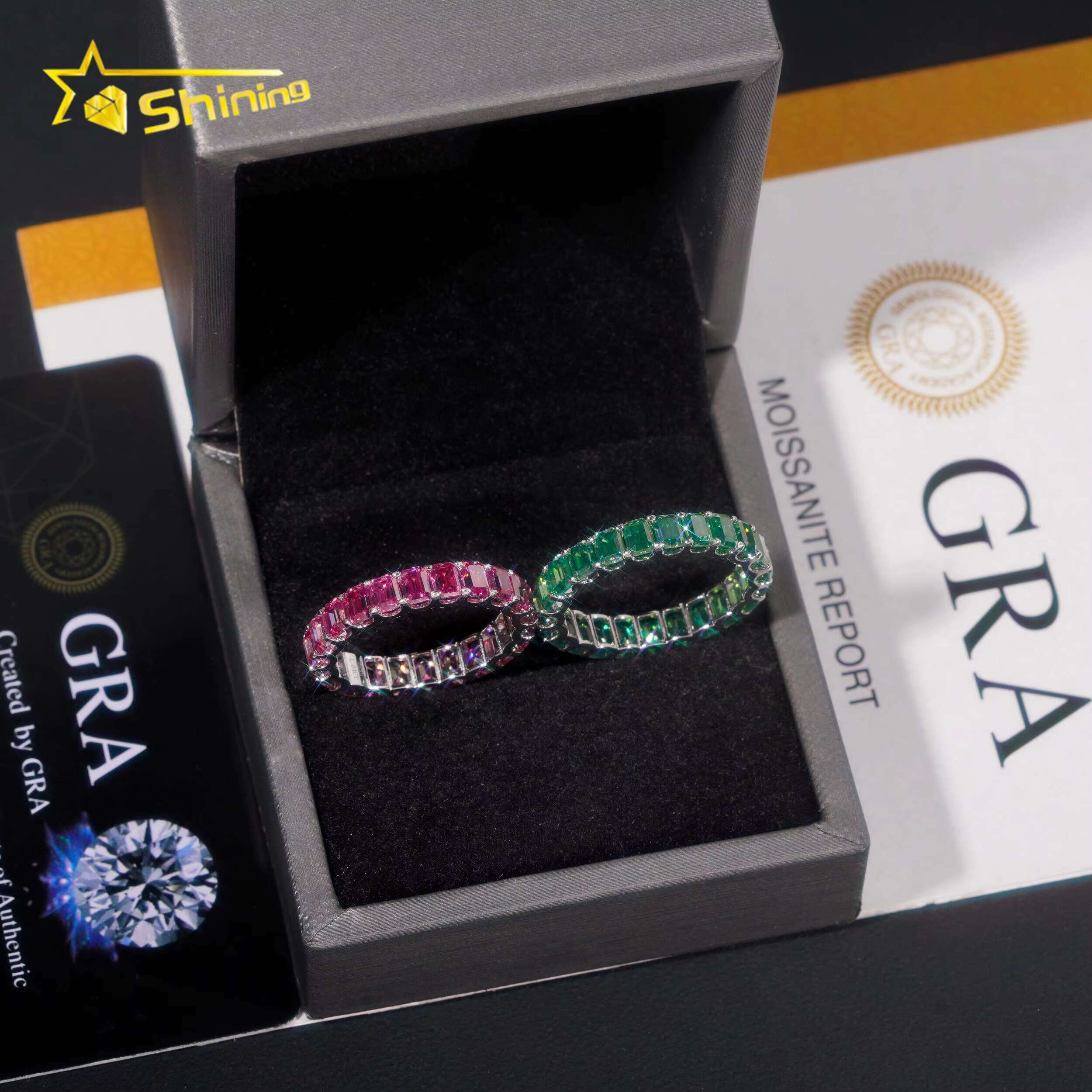 S925 Silver Emerald Cut VVS D Color Eternity Colored Moissanite Diamond Fine Jewelry Enterity Wedding Ring for Men Women