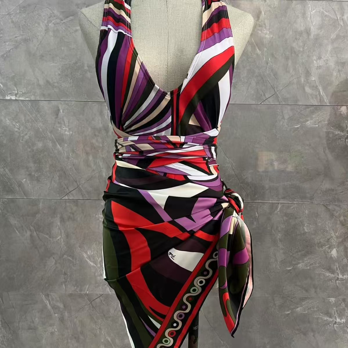 Colorful Women Swimwear Sexy Hollow Designer Swimsuits Scarf Skirt Beachwear Sexy V Neck Beachwear Beach Holiday Bathing Suits One Piece Swimsuit Swim