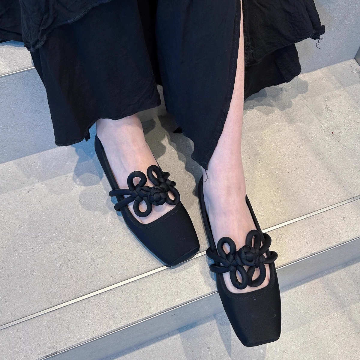 Sheepskin Edition Square Head Little Red Shoes New Chinese Retro Chinese Knot Flat Flat Single Shoes Women's Shallow Mouth Ballet Mary Jane Shoes