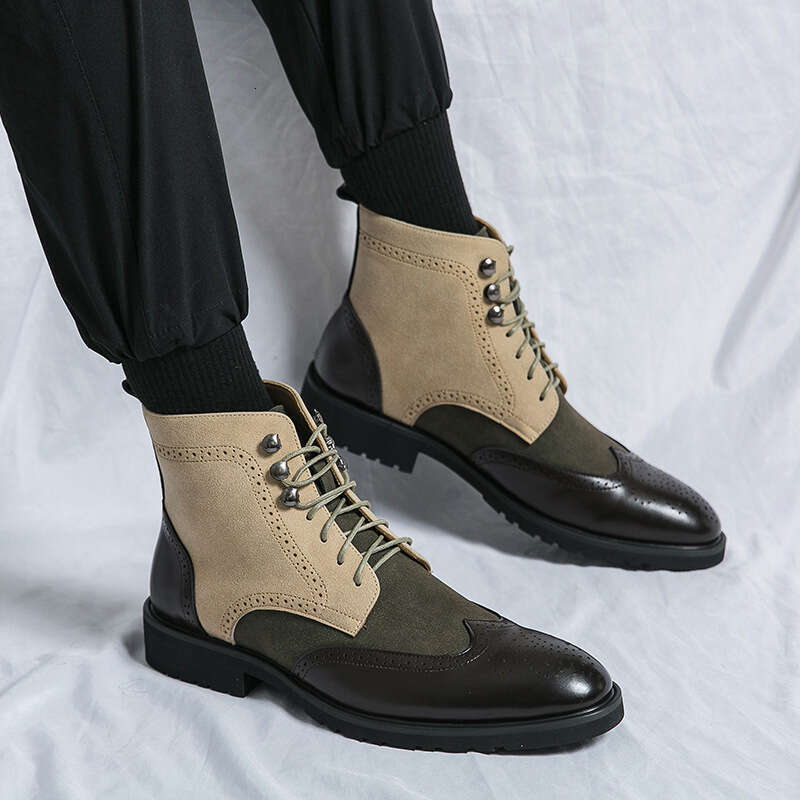 2024 Men's Large Size Spring New Leather Boots Fashion British Style High Top Shoes Trend